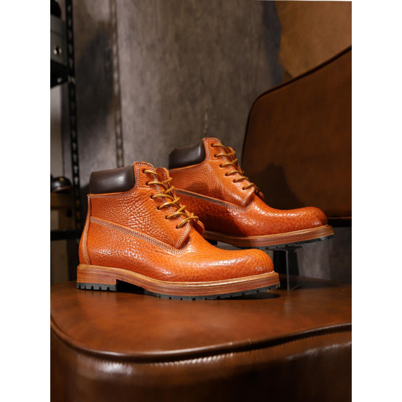 手工鞋男士北美野牛皮工装机车马丁大黄靴男真皮底高端手工皮靴子