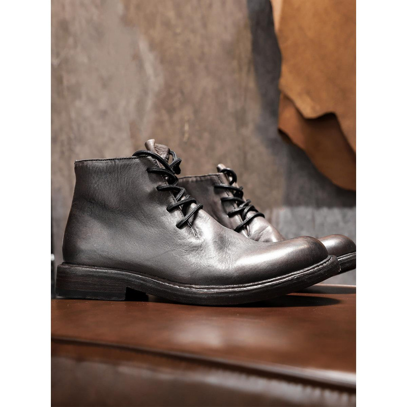 高级灰男士头层牛皮沙漠靴手工鞋圆头高帮皮靴男户外防风沙真皮底